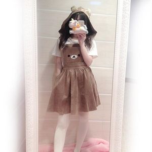 Women's Kawaii Dresses Cute Bear Embroidery Wear Lolita Overall Bandage Dress Summer with Detachable Hood Plus Size