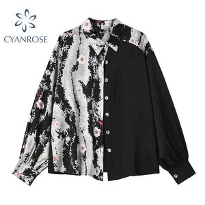 Mode Patchwork Tie Dye Print Blusar Kvinnor Streetwear Loose Grunge Shirts Sommar Stylish Lapel Vintage Nya Blusas Toppar 210417