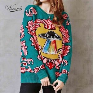 Mulheres vintage quente engrossar suéteres ufo nuvens jacquard pulôvers inverno outono de malha retro tops soltos blusas c-012 210914