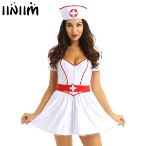 Erotisk sjuksköterska klänning uniformer kvinnor vuxna naughty sjuksköterska doktor kostym halloween sexig maid cosplay outfits fantasias clubwear set l0407