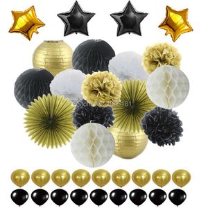 Party Decoration Paper Pom Poms Фонари и балбардировочный день Черный Золотой День рождения Украшения Взрослых Вирли