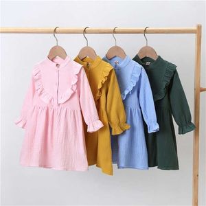 Toddler Kids Baby Girl Cotton Linen Party Casual Dress Long Sleeve Clothes Solid Sundress 1-6T Spring Autumn Clothing 211231