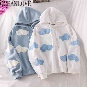 Outono Inverno Roupas Mulheres Mulheres Cópia Cópia Nuvens Moda Japão Estilo Camisolas Kawaii Fleece Sudadarias 18845 210415