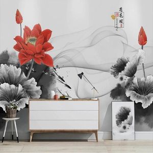 Wallpapers estilo chinês tinta de fumaça vermelho lótus fundo papel de parede decor decoração art art walled quarto sala de estar po designs suprimentos