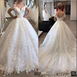 Elegant Wedding Dresses Bridal Ball Gown 3D Floral Applique Lace Off The Shoulder Chapel Train Custom Made Plus Size Castle Arabic Dubai Vestido De Novia 403