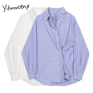 Yitimuceng Paski przycisk Bluzka Kobiety Koszulki Luźne Solidna Spring Square Collar Koszula Rękaw Single Breasted Clothing Topy 210601