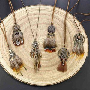 Exknl Women Bohemian Ethnic Long Chain Feather Dreamcatcher Skeleton Tassel Pendant Necklace Choker Boho Jewelry Accessories G1206