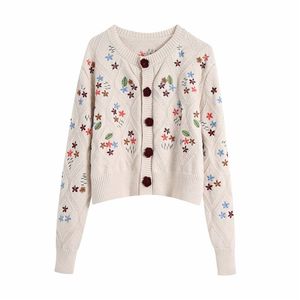 Evfer Fashion Lady Flower Embroidery Za Knitted Cardigans Tops Autumn Women Button Long Sleeve O-Neck Cute Sweaters Chic 210421