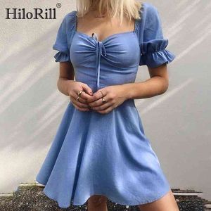 Summer Elegant Blue Mini Dress Women Butterfly Short Sleeve Sexy Party Ladies Bow Tie A Line Casual es Robe 210508