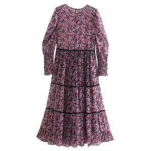 Kobiety Kwiatowy Druk Szyfonowy Wielopiętrowy Wzburzony Midi Sukienka Kobieta O Neck Rękawem Puff Rękawem Luźne Odzież Dorywczo Lady Vestido D6695 210409