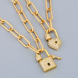 FLOLA Gold Long Chain Key Padlock Necklace For Women Crystal Heart Lock Pendant Cubic Zirconia Punk Jewelry Couple Gifts nker60
