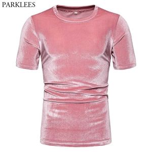 Pink Velvet Velour Tshirt Men Fashion Short Sleeve Slim Fit Tee Shirt Homme Hip Hop Casual Streetwear T-shirt Male 4XL 210522