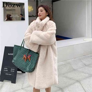 Kvinnor Vinter Fashion Faux Fur Long Coat Solid Loose Slå ner Krage Tjock Varm Coats Mjuk Casual Sylsficka Överrock 210515