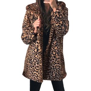 Dampäls Faux Vinter Kvinnor Leopardrock i hög kvalitet Lyxig lång lös huva överrock Varm Plus Size 3XL Plyschrockar för kvinnor