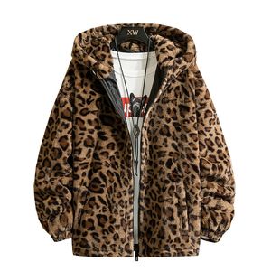 Leopardo com capuz jaqueta de pele de inverno homens japoneses streetwear casacos casuais