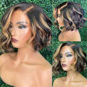 Höjdpunkter människor Hår 13x6Lace Front Wig Wavy Short Bob Human Hair Wigs Brown Blonde Highlight Peruvian 5x5 Spetsstängning Wigss för kvinnor