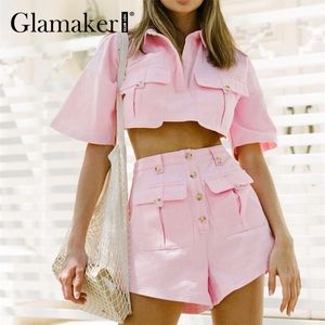 Glamaker Sexy pink short sleeve set female crop top and shorts 2 piece suits with pocket Office ladies elegant co ord outfits X0428