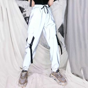 Mola solta calças reflexivas de carga incandescer streetwear fita sualpant mulheres calças casuais hip hop huajuku cargo calças 210531