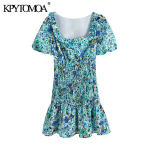 Kadın Chic Moda Çiçek Baskı Ruffled Smocked Mini Elbise Vintage Kare Yaka Kısa Kollu Kadın Elbiseler Mujer 210416