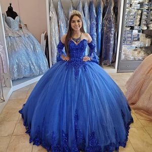 Prinsessan Arabiska Royal Blue Quinceanera Klänningar 2022 Lace Appliques Glitter Sequins Beaded Sweetheart Prom Klänningar Sweet 16 15 Brithday Party Dress Lång ärm