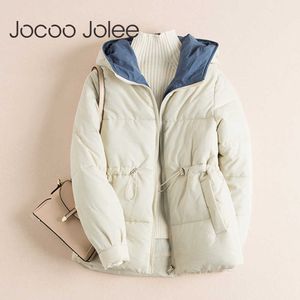 Jocoo Jolee Women Zipper Parka Short Cotton-padded Jacket Hooded Warm Winter Jackets Harajuku Drawstring Coats Outwear 210619