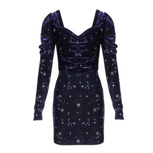 Возможно U Navy Blue Black Star Velvet с длинным рукавом мини-короткое карандаш платье V шеи печать зима осень элегантный сексуальный D0828 210529