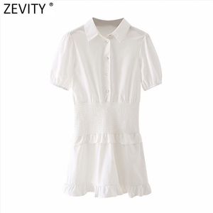 Women Fashion Short Sleeve Elastic Pleats Ruffles White Shirt Dress Ladies Chic Breasted Casual Slim Vestido DS5015 210416