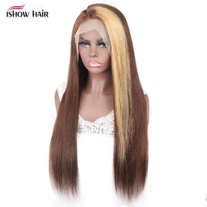 Ishow 28 30 pollici 150% 180% 250% Parrucche di capelli umani ad alta densità 4*4 Parrucca trasparente con chiusura in pizzo Liscio per donna Biondo miele 4/27 Evidenzia colore sfumato