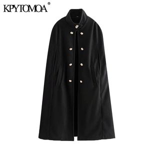 Kvinnor Mode Metall Knappar Lossa Woolen Cape Coat Vintage High Neck Side Fickor Kvinnlig Ytterkläder Chic Overcoat 210416