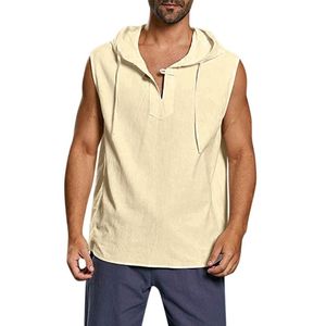 Mäns Tank Toppar Baggy Top Bomull Linne Solid Knapp Vest Sommar Leisure Strand Ärmlös Hooded Shirt DebarDeur Homme C