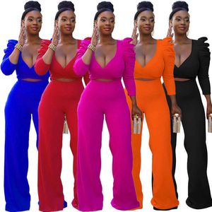 여성 디자이너 바지 옷 2021 높은 허리 깊은 V 넥 버블 슬리브 붕대 탑 캐주얼 와이드 레그 바지 세트