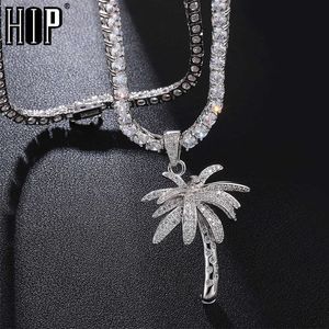 Hip Hop Bling Iced Out Micro Paved CZ Palm Tree Pendants & Necklaces For Men Rapper Jewelry With Tennis Chain X0707