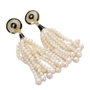JK 3.5" Natural White Pearl CZ Pave Stud Earrings For Women