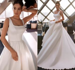 Ślub proste sukienki Suknia ślubna Paski pociągowe Bez rękawów Square Scyk Satin Chapel Plus Size Custom Made vestido de novia