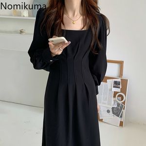 Nomikuma Koreanische Elegante Quadratische Kragen Frauen Kleid Faltete Dünnes Hohe Taille A-linie Kleider Herbst Langarm Vestidos 6C135 210427