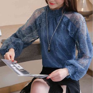 Ruffles кружевная блузка осень элегантный повседневная напечатанные женщины топы мода blusas femininas elegante boho шифоновые рубашки 209i7 210420