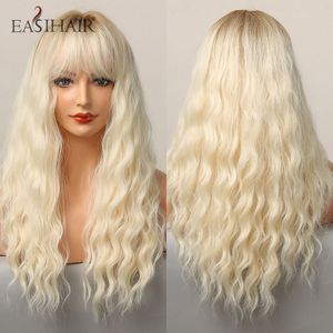 Long Blonde Platinum Wig with Bangs Curly Hair Synthetic Wigs for Women Light Blonde Wavy Wigs Cosplay Heat Resistant