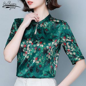 Fashion Silk Blouse Women Summer Plus Size Tops Blusas Mujer De Moda Vintage Print Stand Clothes 4XL Shirt 8910 50 210521