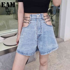 [EAM] Kobiety Szerokie nogi Niebieski Denim Hollow Out Shorts High Paist Luźne Fit Spodnie Moda Wiosna Lato 1DD6396 21512