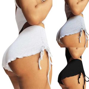 2021新しい女性のショートパンツ夏のズボンのカジュアルなセクシーなソリッドカラーミッドウエスト側巾着ショーツ婦人服ショートフェムムY0625