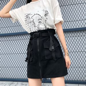 A Line Zipper Women Mini Cargo Skirts Pockets Sashes Bodycon Solid Ladies Short Skirt Summer Sexy Black Khaki Bottom Female 210518