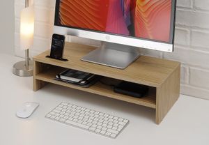 540mm Oak 2 Shelf Wooden Monitor Stand/Riser with Smart Phone Holder