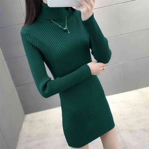 Turtleneck Knitted Dress Women Fashion Long Sleeve Slim Package Hip Sweater Autumn Winter Lady Solid Pullover Mini es 210522