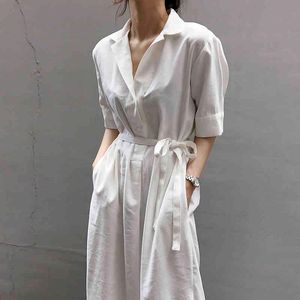 韓国の夏の白いエレガントな標準的なラペルシングルブレストルーズシャツドレス5点スリーブ包帯ローブドレス16W831 210510