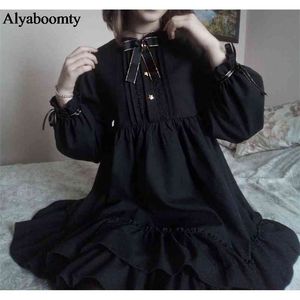 Japon Harajuku Kadınlar Siyah Ruffles Elbise Fener Kol Lolita Tarzı Öğrencinin Elbise Tatlı Kawaii Sevimli Yay Kız Şifon Elbise 210409