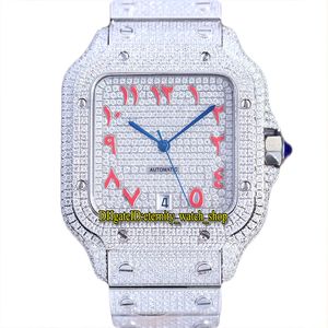 2022 TWF SS0006 PAVED DIAMONDS ETA A2824 Automatisk mens klocka helt iced Out Diamond Red Arabic Dial 316L Rostfritt stål Armband Smycken Super Eternity Klockor