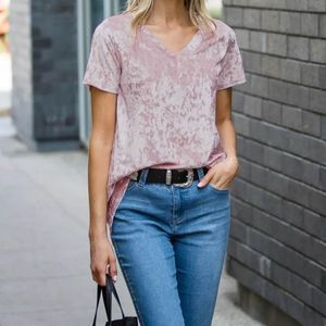 Women's Blouses & Shirts Gold Velvet Women Blouse Tops Short-sleeved V Neck Casual Ladies Shirt 2022 Summer Fashion Female Velves