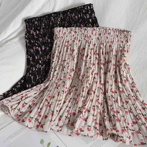 Verão vintage selvagem floral impressão saia para mulheres curtas cintura elástica plissada mini-coreano suave estudante sexy 210420