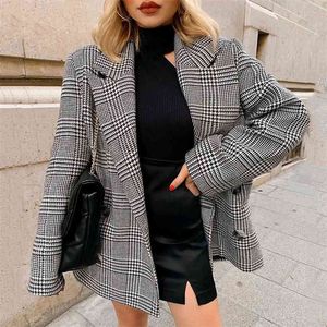 Vintage Plaid Long Blazer Jacket Coat Women Höst Winter Houndstooth Double Breasted Black Windbreaker 210427