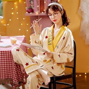 Outono inverno mulheres pijamas conjuntos kimono roupão de banho estilo mulher completa elegante casa sleepwear roupas macio algodão pijama conjunto 211215